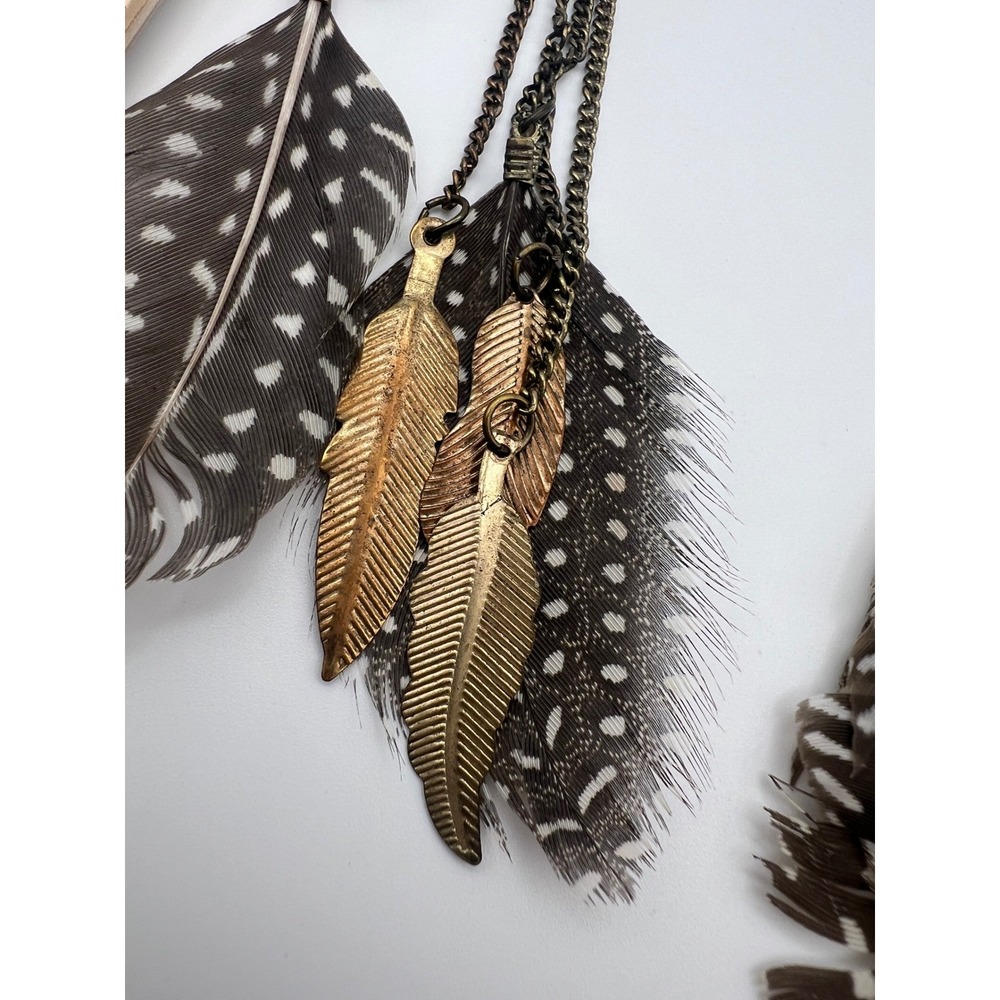 Boho Long Feather Dangle Earrings Gold Tone Chain Spotted Natural Festival 6.5"‎